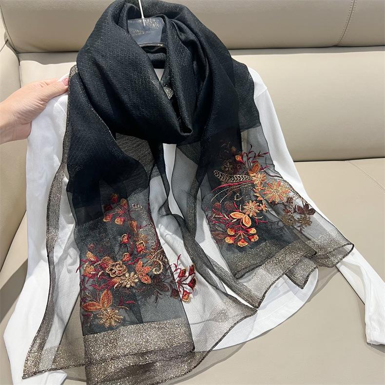 Korean Style Embroidered Silk Scarf - Versatile, Thin, Warm, Fashionable Autumn & Winter Shawl for Women and Mothers