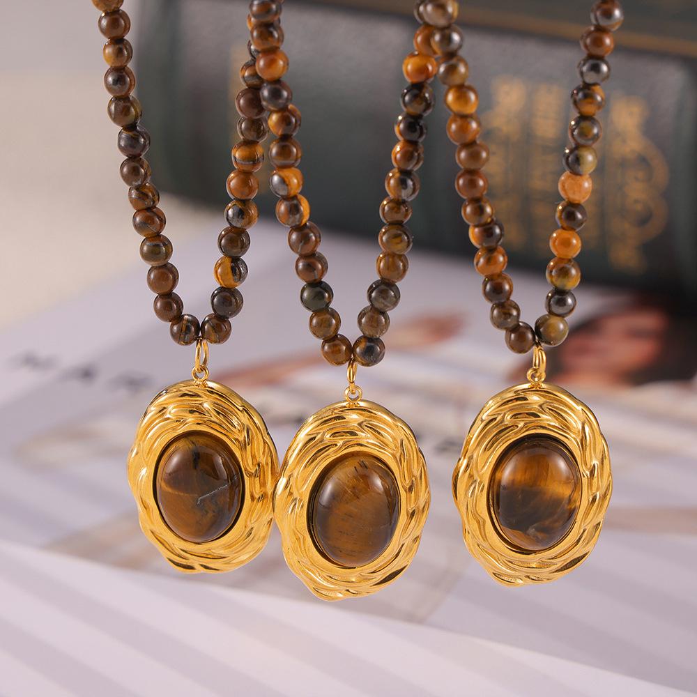 Британское Ретро Минималистичное Роскошное Y2K Овальное Подвесное Ожерелье с Тигровым Глазом