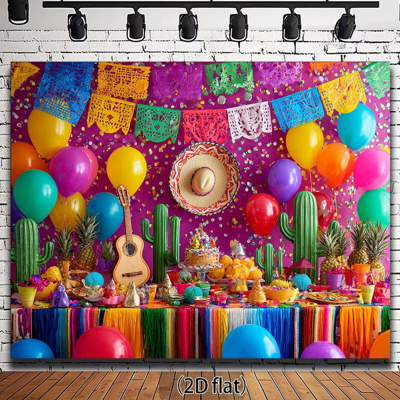2D Cinco de Mayo Taco Party Backdrop, Colorful Papel Picado Cactus & Balloon Photography Background