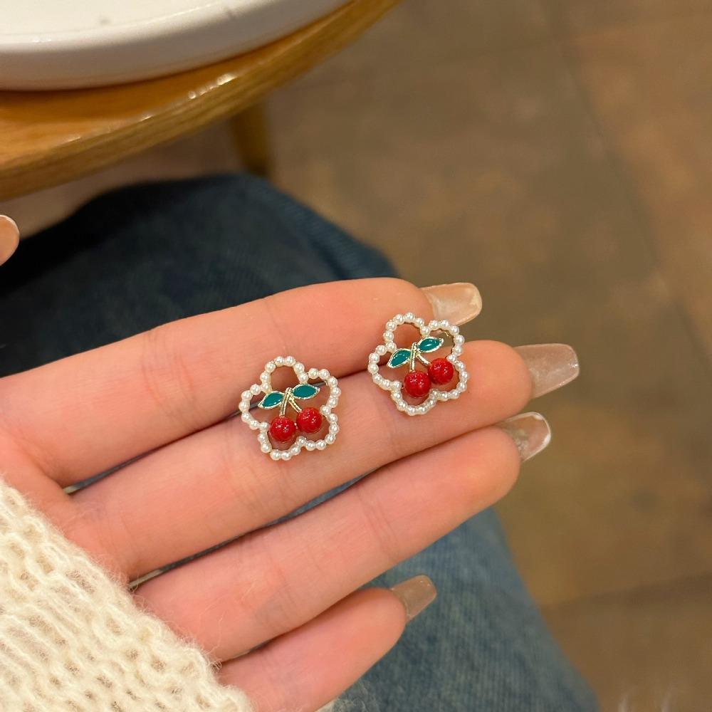 Серьги-гвоздики с вишней, серьги-подвески с жемчугом 2024, висячие серьги, для девочки