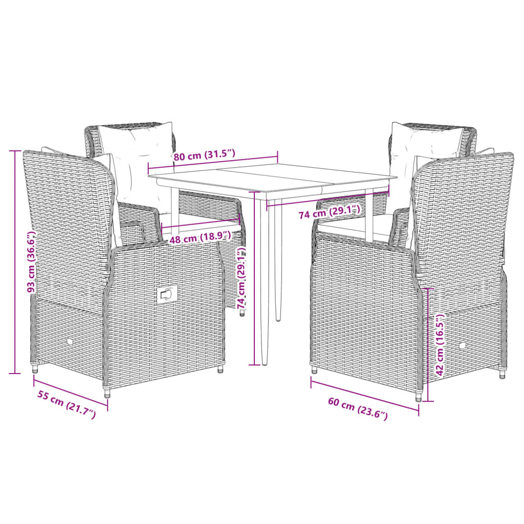 5 Piece Outdoor Dining Set with Cushions Grey Poly Rattan