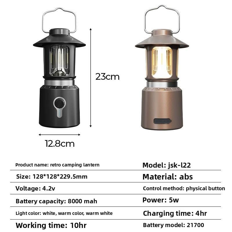 Luz de camping retro recargable, lámpara colgante para exteriores, iluminación LED para tienda