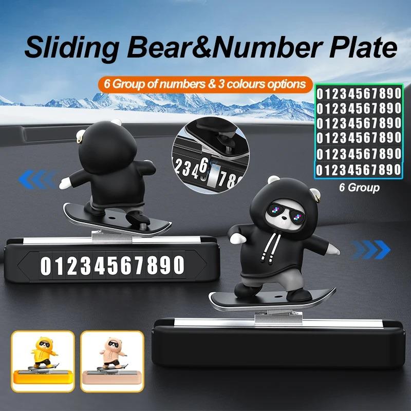 Car Sliding Bear Temporary Parking Number Plate Dashboard Phone Card Cute Skateboard Bear Decor