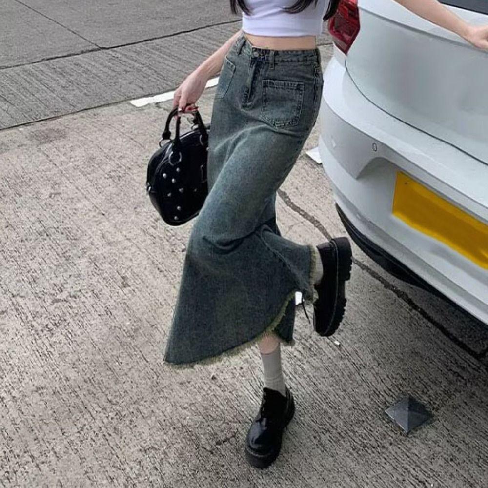 Retro Denim Skirt Women Solid Color Hairy Fishtail Skirt Simple High Waist Long Skirt Daily