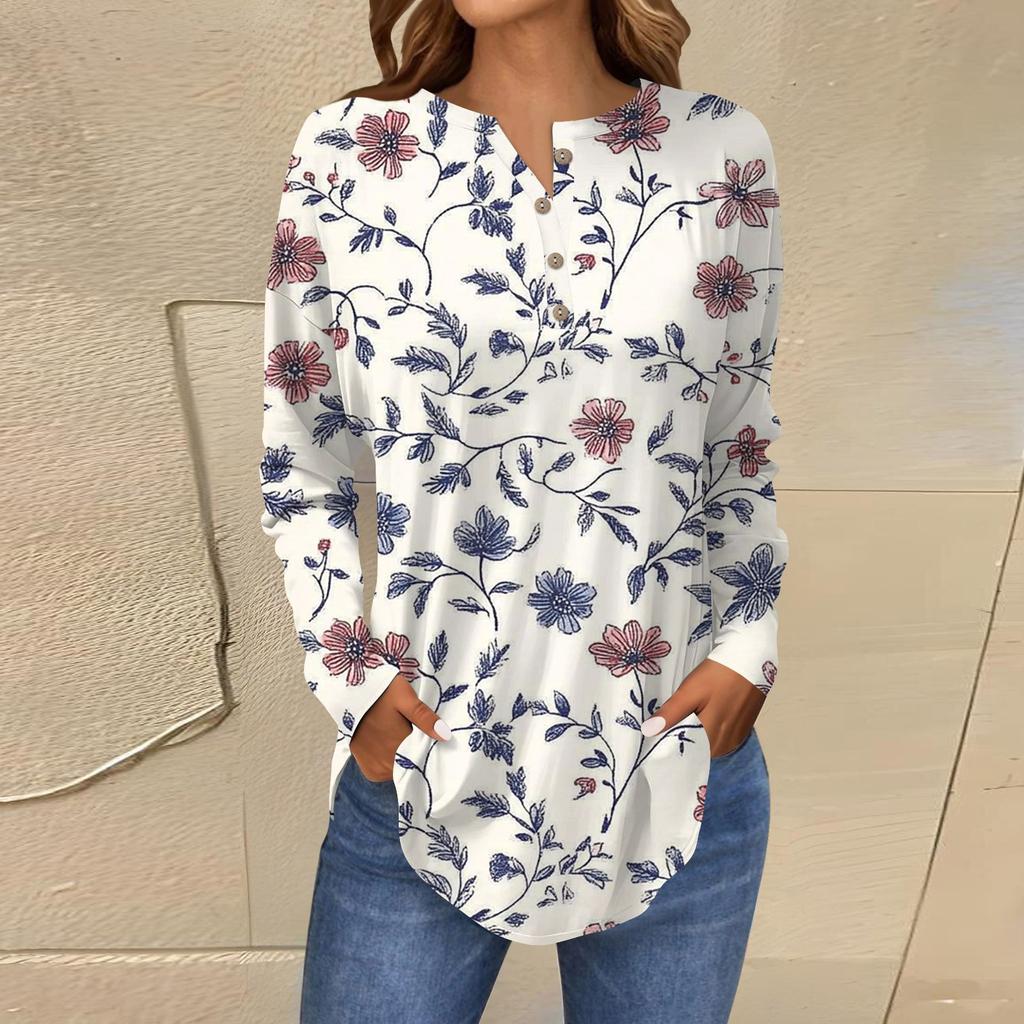 Модная свободная футболка с длинным рукавом и цветочным принтом на пуговицах, топ-пуловер