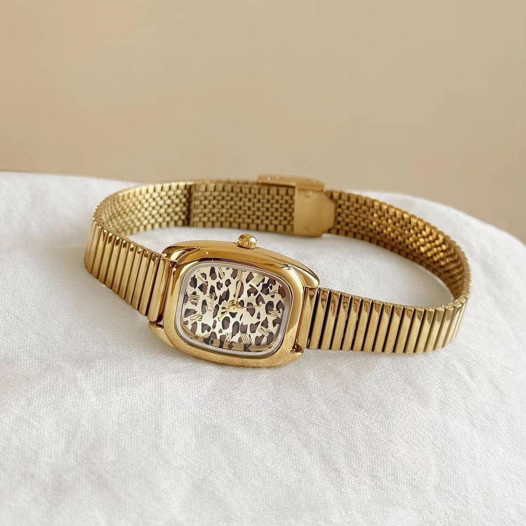 Fashion Luxury Watch for Women, Leopard Print Small Square Ladies Watches, Gold Steel Strip Quartz Wristwatch Gift