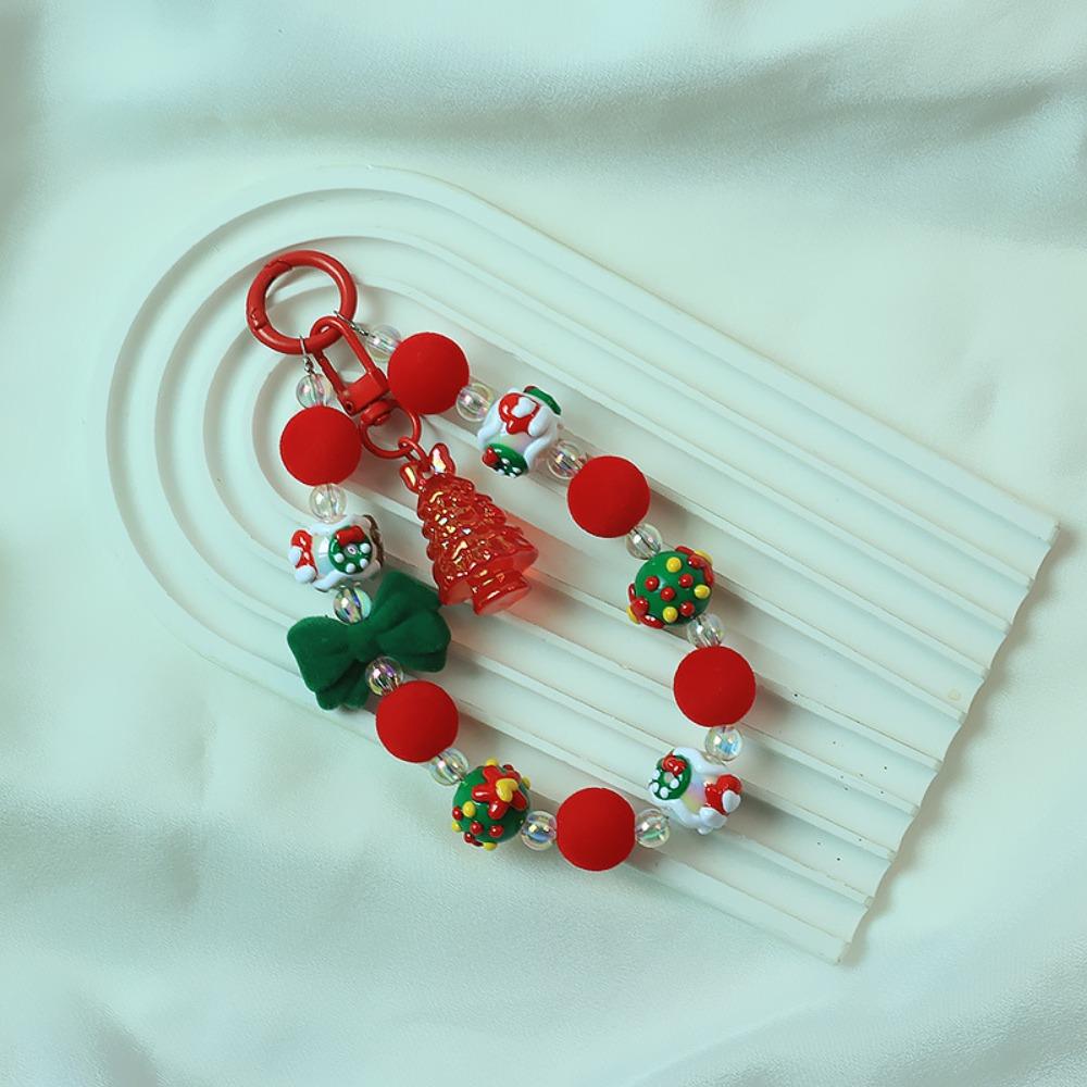 Santa Claus Plush Beads Keychain Flocked Bowknot Beaded Cell Phone Lanyard  Unisex