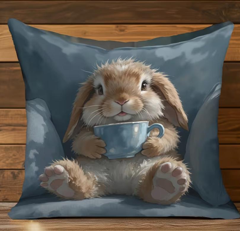 2D Single-Sided Printed Pillowcase, Blue Cup Cute Rabbit Character Pillowcase, Pillow Included Birthday Suitable For Christmas