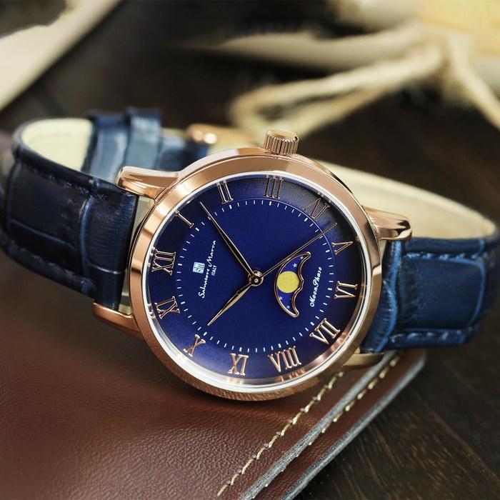 [Salvatore Marra] Watch Moonphase 5 ATM Waterproof Business Formal Women's Leather Belt Limited Edition Pink Gold Blue Leather SM26151-PGBL