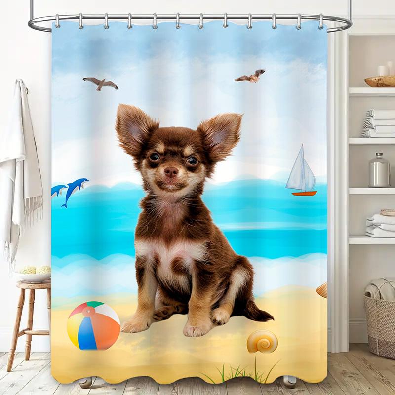 Beach-Themed Shower Curtain: Adorable Chihuahua Print In Multicolor Perfect For Bathroom Decor Easy Installation Quick Dry Fabri