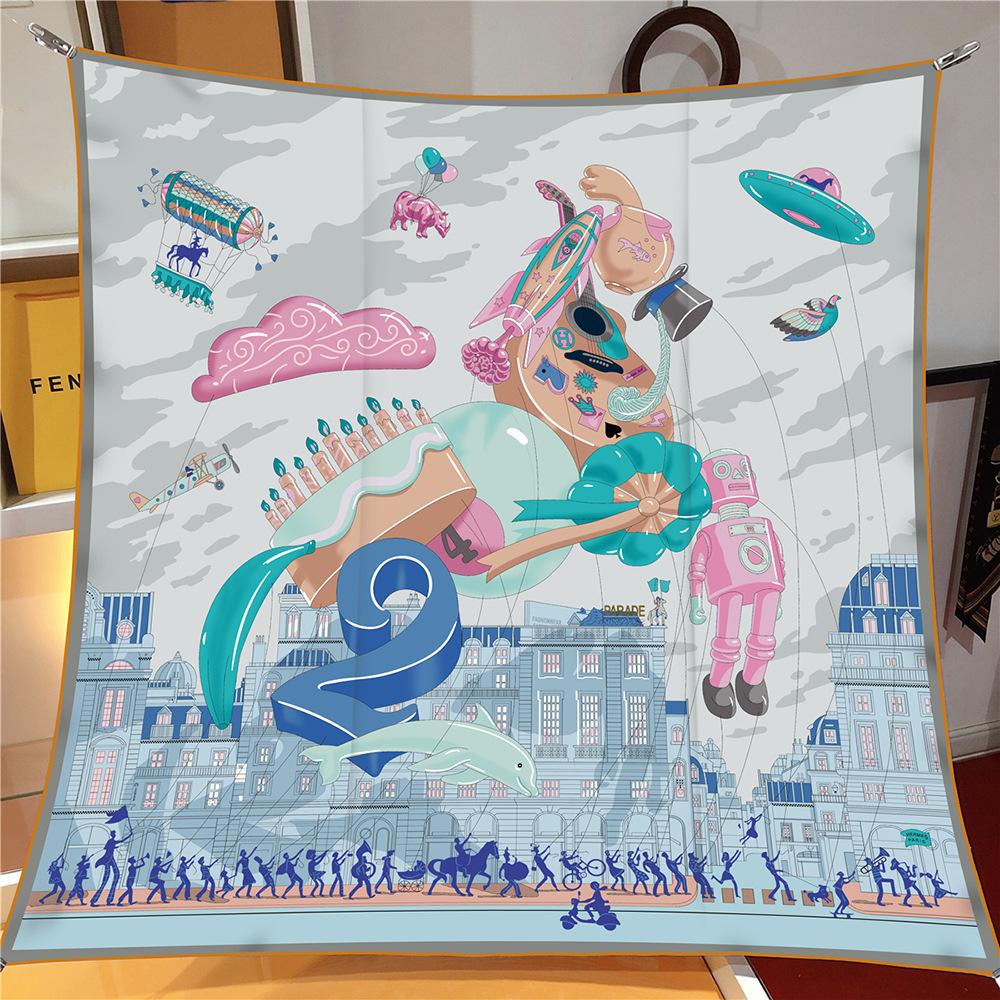 90CM Silk Scarf Women Fly World Print Square Scarves Head Echarpes Silk Foulards Femme Wraps Beach Shawl Bandana Lady Hijabs