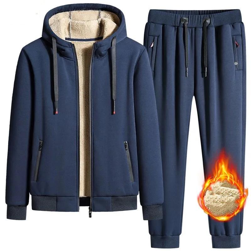 Мужской осенне-зимний теплый костюм с подкладкой, молодежная куртка с капюшоном с длинными рукавами + брюки на шнуровке, спортивный комплект из двух предметов большого размера