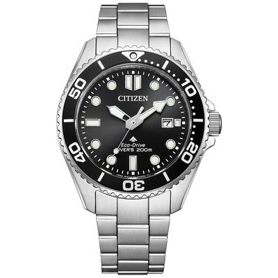 CITIZEN PROMASTER MARINE Серия Дайверские 200м Модель Со стрелками и метками с люминесцентным покрытием, Однонаправленно вращающийся безель Мужские часы Eco-Drive, Черный, Метки, Безель,
