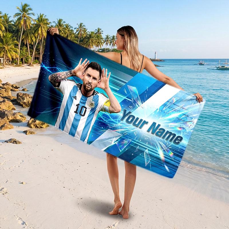 Lionel Messi Custom Beach Towel, Personalized Name Text Print, Football Logo Soft Quick‑Dry Towel Holiday Gift