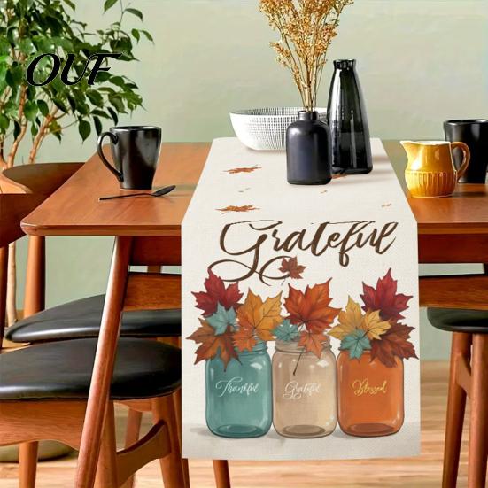Скатерть-дорожка для столовой, Thanksgiving Harvest Runner, Лен с принтом Осенние тыквы и кленовые листья, Длинный флаг, Сезонное декоративное украшение для дома