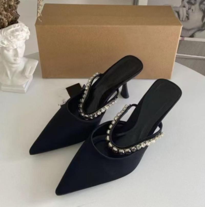 Летние туфли-мюли на высоком каблуке для женщин, бежевые, черные, замшевые, блестящие, с бриллиантовой цепочкой, сексуальные, с острым носком, босоножки для вечеринок, с открытой пяткой