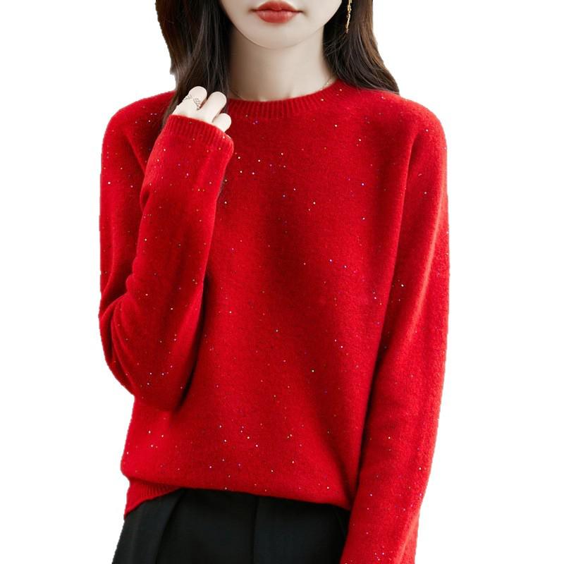 100% Wool Seamless Women's Loose Knit Sweater - Round Neck, Long Sleeve Top for Autumn & Winter.