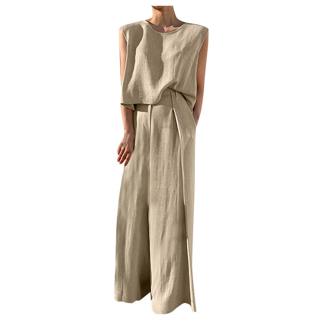 Fashion Women's Casual Sleeveless Pullover Cotton Linen Wide Leg Pants Solid Color Suit