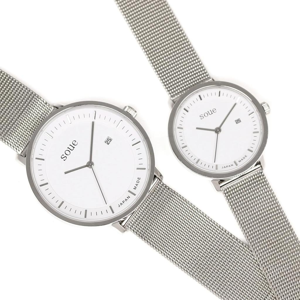 Soue Pair Watch A Basics Pair Watch Pair Couple 38mm X 30mm Size Stainless Steel Mesh Band Silver White Dial [SOUE] Women's Men's