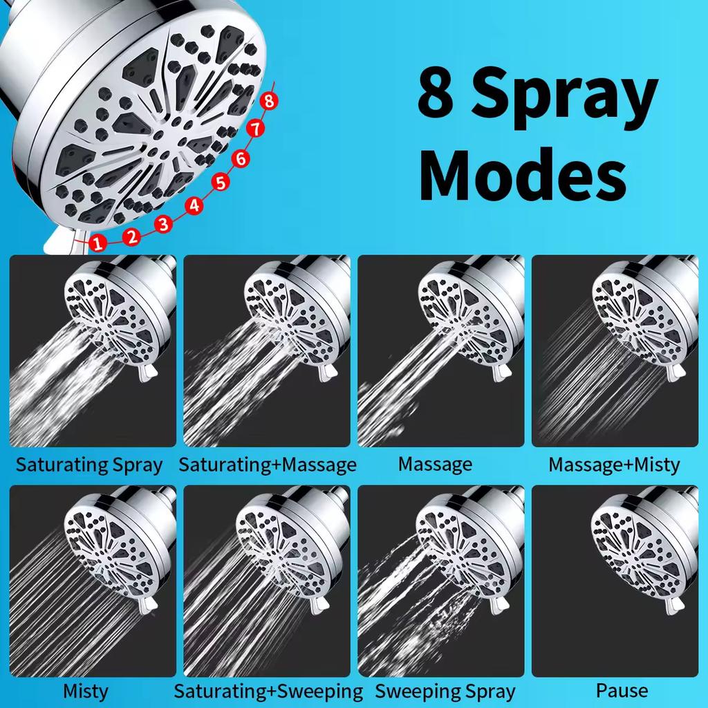 ZHIYAN Modern Single Spray Mode Chrome Finish Wall Mounting Shower Head Filter 2-in-1 with 8 Spray Modes