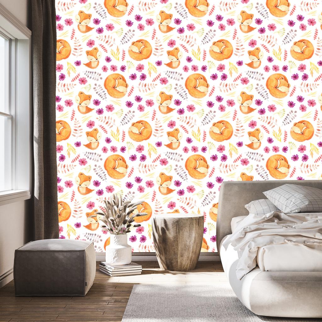 Wallpaper Little Foxes with Flowers for Living Room and Bedroom 50x1000