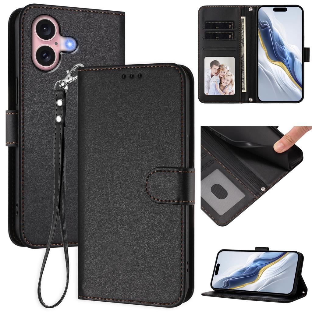 For iPhone 16 Leather Case Wallet Stand Phone Cover with Wrist Strap