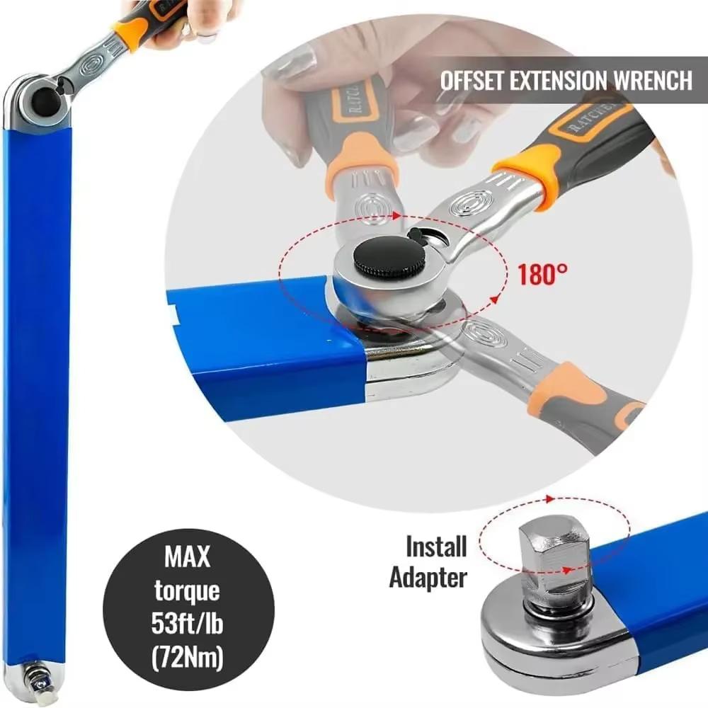 Offset Extension Wrench Impact Socket Ratchet Extension Tool with 1/4inch 3/8inch 1/2inch Drive Adapters Universal