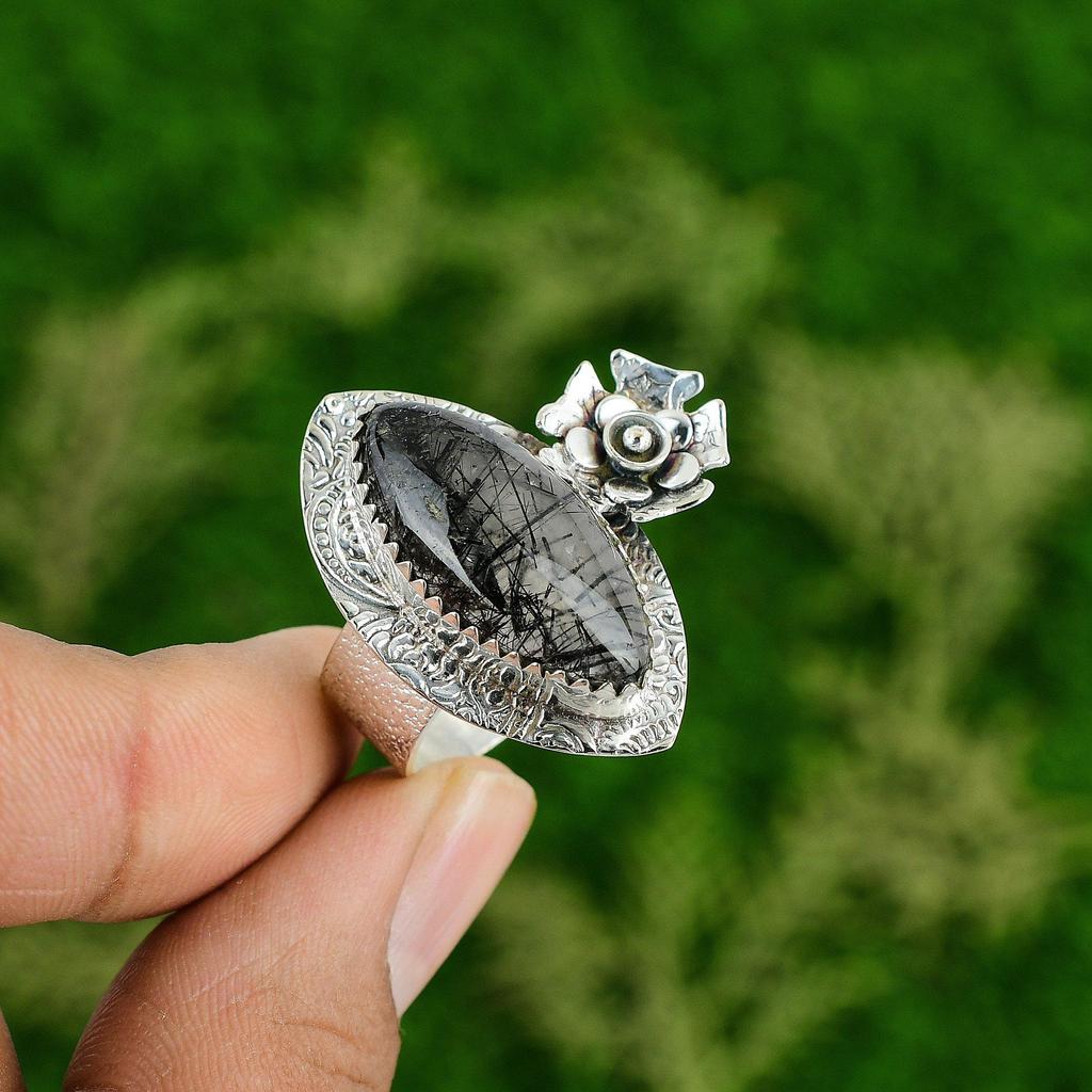Gift For Her Natural Black Rutile Statement Flower Ring Size 9 925 Silver