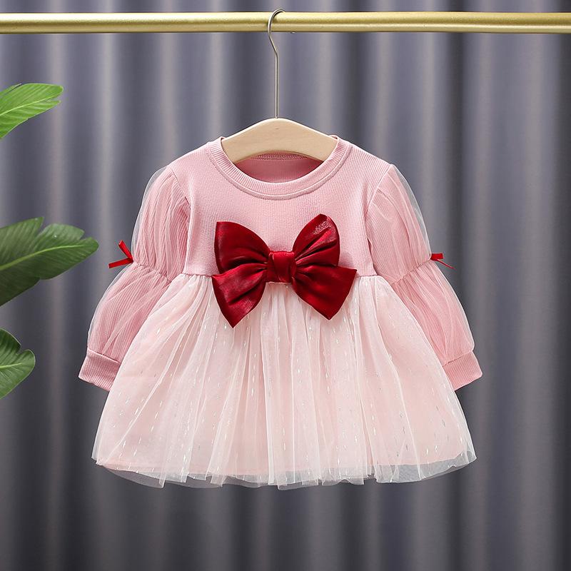 Новинка 2023 года, осеннее платье принцессы для девочек, детская одежда для девочек, детское сетчатое платье с длинными рукавами и бантом