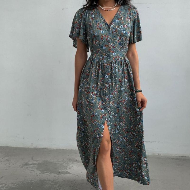 Fashion Women Summer Flower Printed Dress Elegant Short Sleeve Dresses V-Neck Lace-up Sundress Short Sleeve Dress 28113