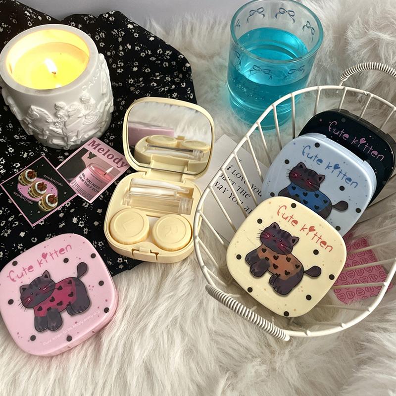 Футляр для контактных линз с рисунком в виде милого кота и граффити, с зеркалом, дорожный набор для контактных линз