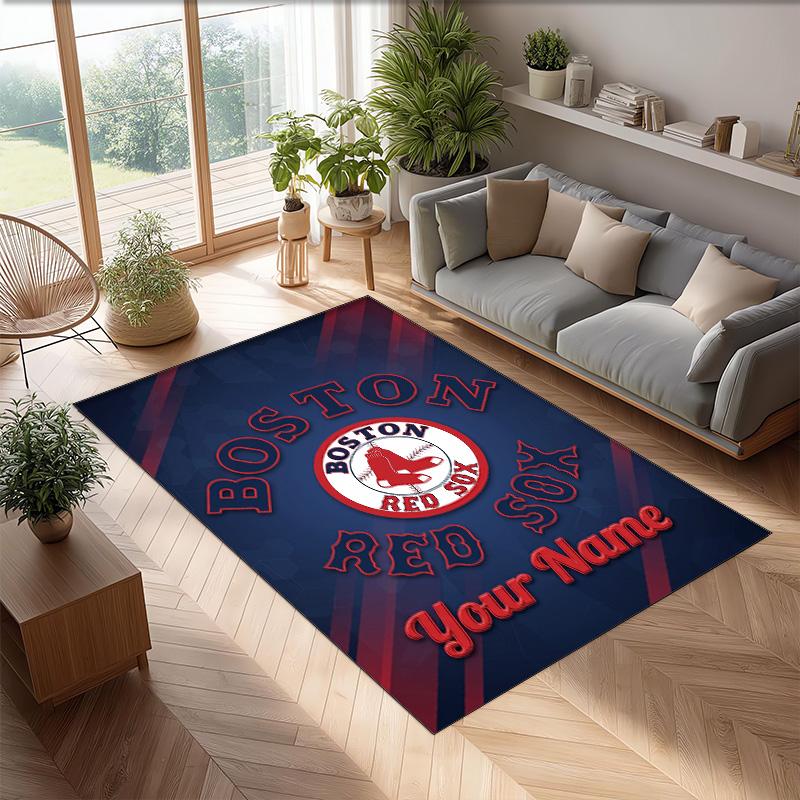Boston Red Sox Crystal Velvet Rug, Custom Name Text Personalized Non‑Slip Floor Mat for Home Decor Gift