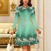 Women Long Sleeve Round Neck Midi Dress Boho Abstract Mandala Dot Floral Print Flared Casual Dress