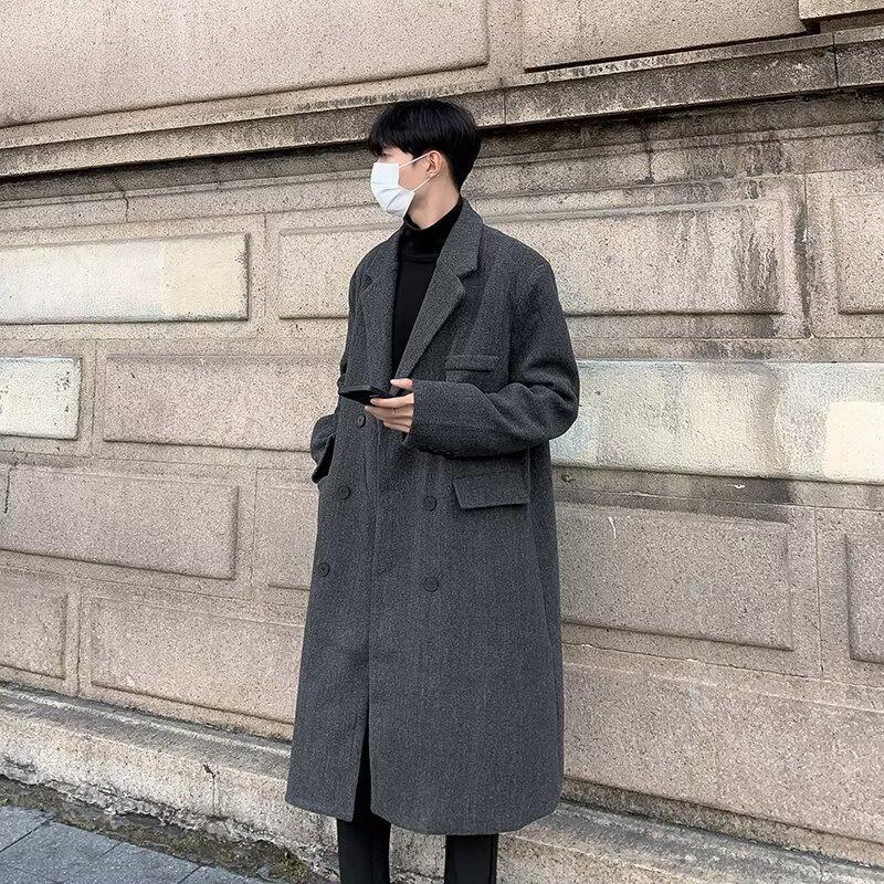 Men's Mid-Length Double-Breasted Woolen Coat with Suit Collar