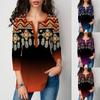 New Trend Women's Fashion Loose Casual 3/4 Sleeved Ethnic Style Floral Printed Folded V- Neck Button Shirt & Blouses Tunic Tops