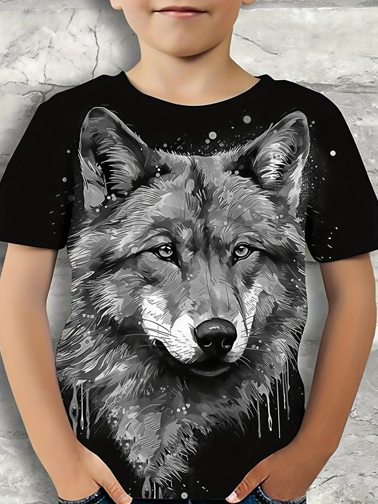 Summer Cool Wolf Graphic T-Shirt For Boys - 3D Digital Print, Casual Stretch Tee For Summer Outings