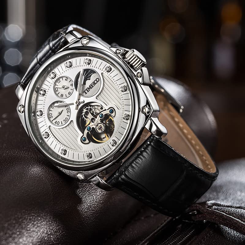 TIME100 Популярные часы Часы Автоматические механические Модные водонепроницаемые сплав Черный кожаный ремень Офисный работник Взрослый мужественный Time100 Коллекция Серебряный