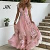 A-line Silhouette Dress Summer Floral Maxi for Women Short Sleeve V Elegant Printed Neck Swing Beach Vacation Sundress Lightweight