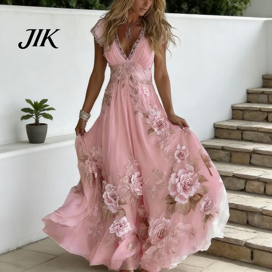 A-line Silhouette Dress Summer Floral Maxi for Women Short Sleeve V Elegant Printed Neck Swing Beach Vacation Sundress Lightweight