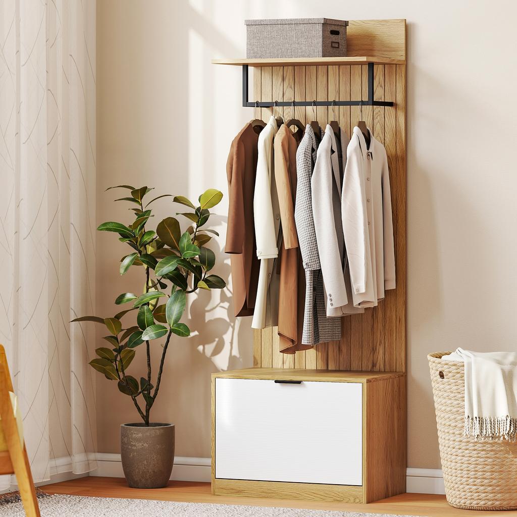 5-in-1 Entryway Furniture, Hallway Coat Rack, Foldable Shoe Bench, Shelf and 4 Hooks, 60x30x170cm, Oak