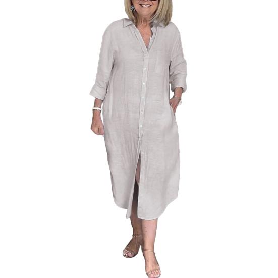 Women's Long Sleeve Button Down Shirt Dress Loose Cotton Linen V Neck Long Dress with Pockets Summer Casual Outfit