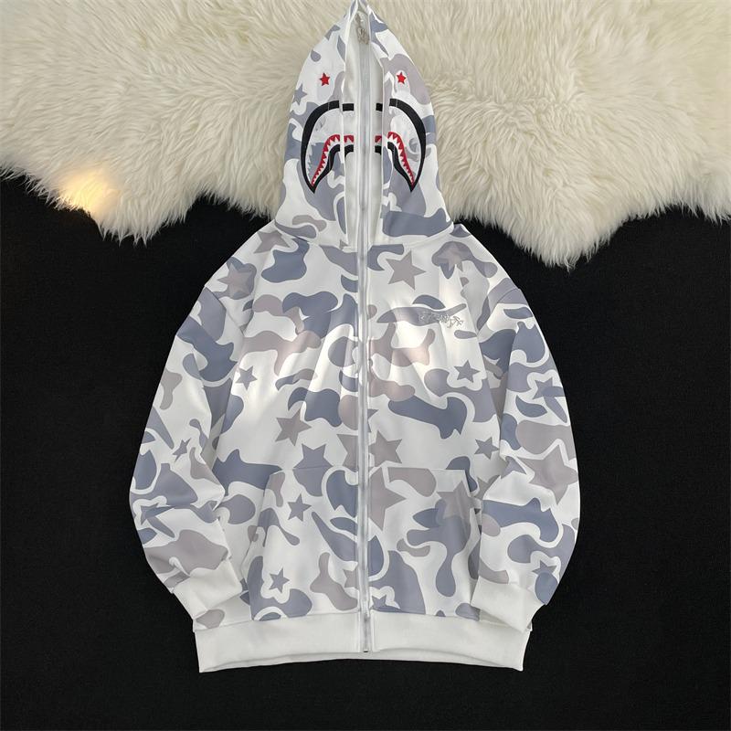 High Street Camo Shark Zip-Up Hoodie - Unisex, BF Style, Long Sleeve with Towel Embroidery