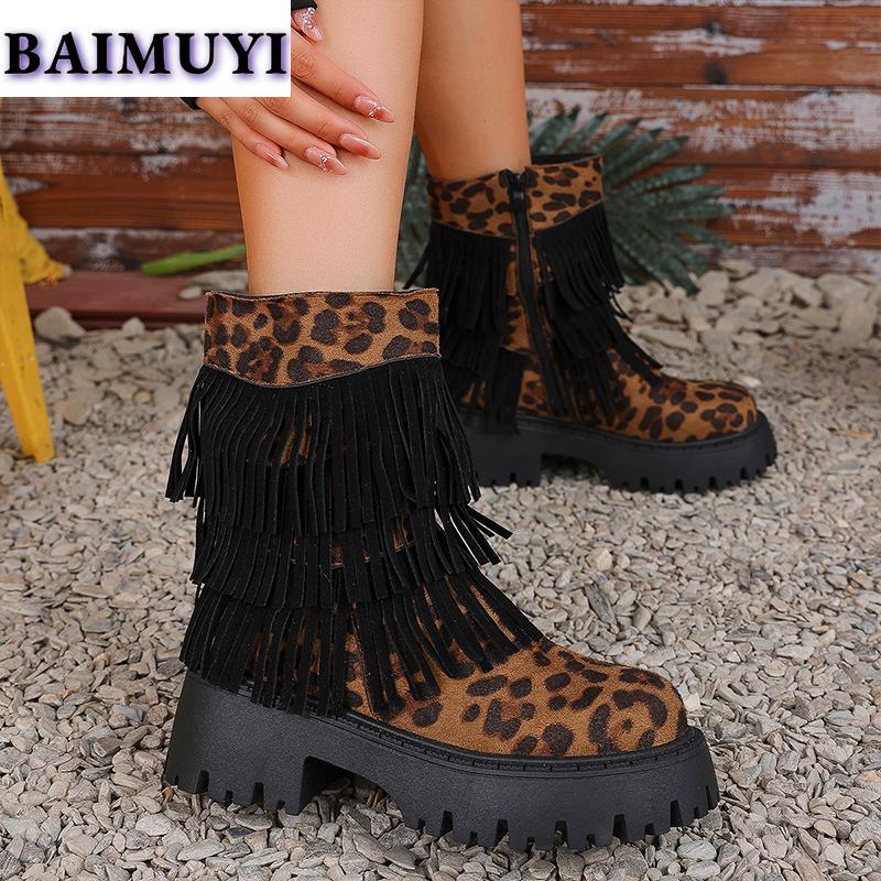 Fashion Leopard Fringe Platform Ankle Snow Boots High Heels Shoes 2025 Trend Winter New Zipper Fashion Chelsea Boots Pumps Mujer Botas