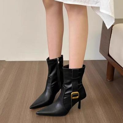 Женские туфли Ботильоны женские элегантные современные ботинки женские с острым носком и молнией сбоку на высоком тонком каблуке с пряжкой женские