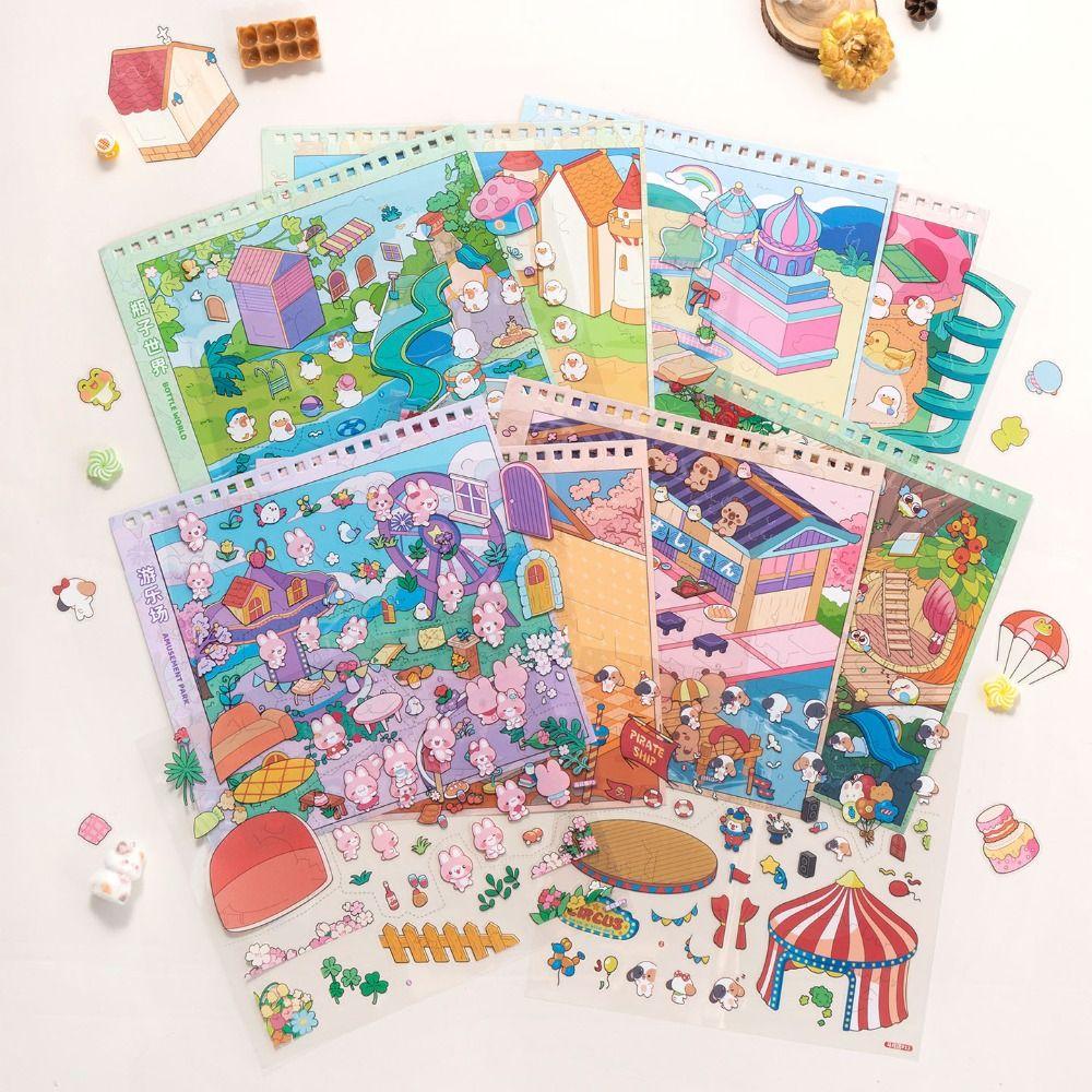 8 Scenes Landscape Sticker Book Stress‑relief DIY Cabin Scene Sticker Children Gift