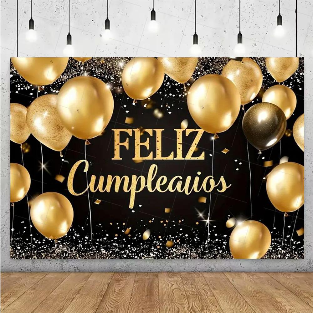 Happy Theme Background in Spanish, Party Decoration with Colored Globes, Background Banner, Gift for Children, Photo Session