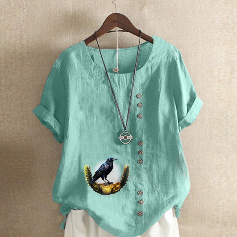 Women's Fashion Round Neck Short Sleeve T-shirt Casual Cotton Linen Graphic Shirt Leisure Loose Crow Prined Summer Blouse Tops