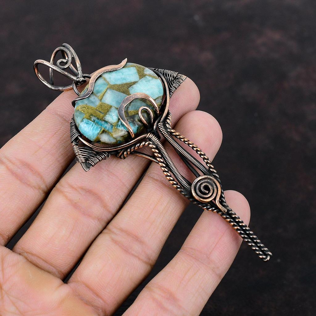 Медный амазонитовый кулон, обернутый медной проволокой, драгоценный камень, амазонит, ювелирное изделие, кулон для женщин, кулон ручной работы, медные украшения для подарка