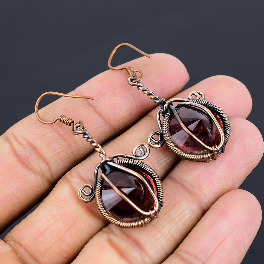 Серьги из розового аметиста, ювелирные изделия из драгоценных камней, серьги, обернутые медной проволокой 999 пробы, красивые серьги ручной работы