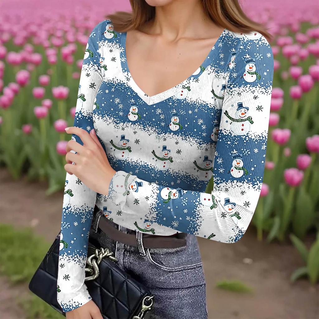 Women's Winter Slim-Fit Base Layer T-Shirt Fashionable Christmas Print V-Neck Pullover Long-Sleeved Top